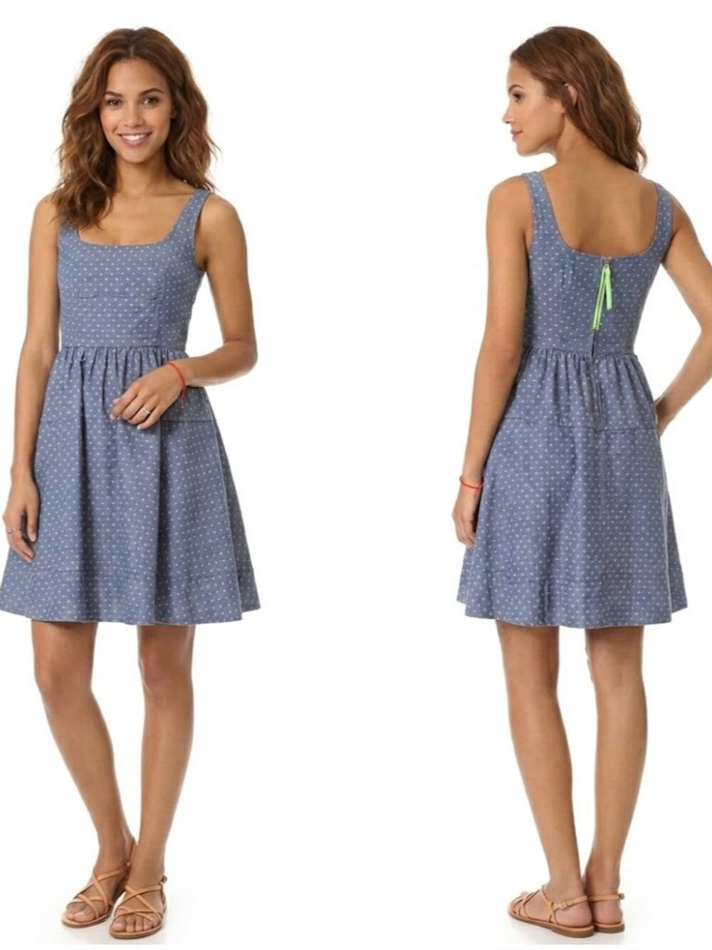 Marc by Marc Jacobs Chambray Polka Dot Dress Neon Zipper Blue Fit Flare Size 6 - Picture 3 of 14